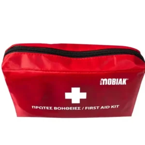 Πλήρες κιτ πρώτων βοηθειών σε κόκκινη θήκη για βραχυχρόνια μίσθωση, με περιεχόμενα όπως γάζες, επιδέσμους, ταινία και γάντια.