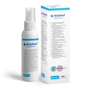 Actolind Solution Plus 250ml διάλυμα καθαρισμού και απολύμανσης τραυμάτων της ActoPharma με αντλία ψεκασμού και το κουτί του.